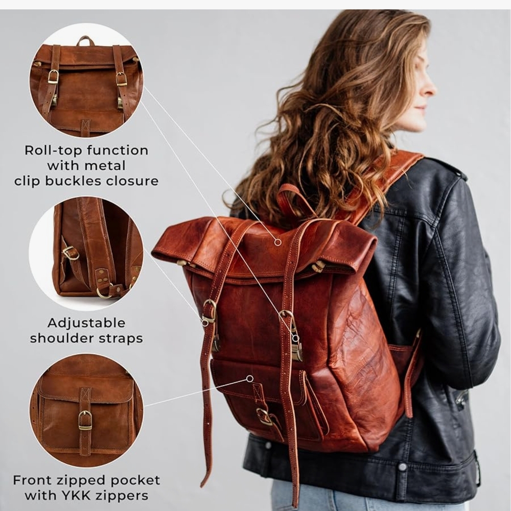 Brown Leather Backpack with Adjustable Straps and Timeless Design
